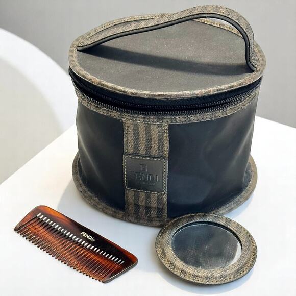 Fendi Complemento Cosmetics Bag Case Black Nylon Pequin Striped w/Comb & Mirror - Picture 2 of 12